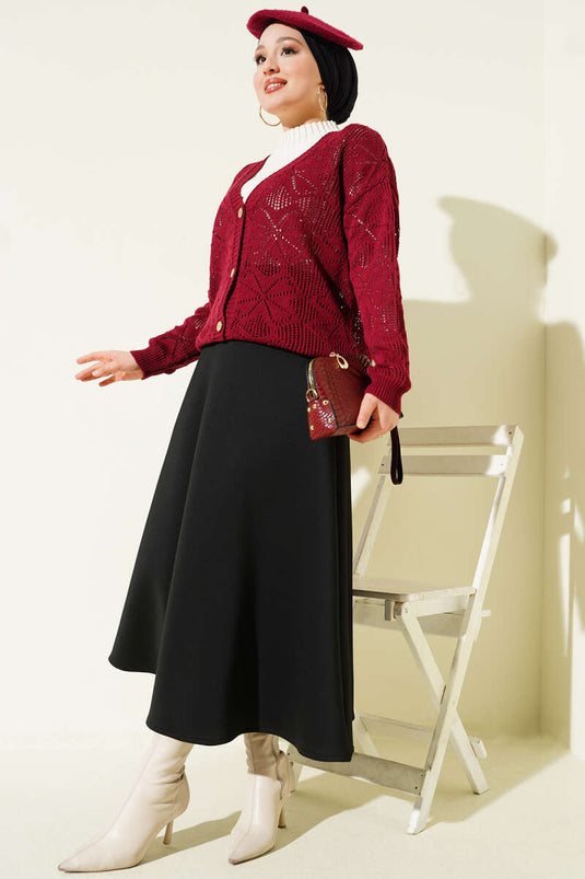 Çiçek Örgülü Düğmeli Triko Hırka Bordo