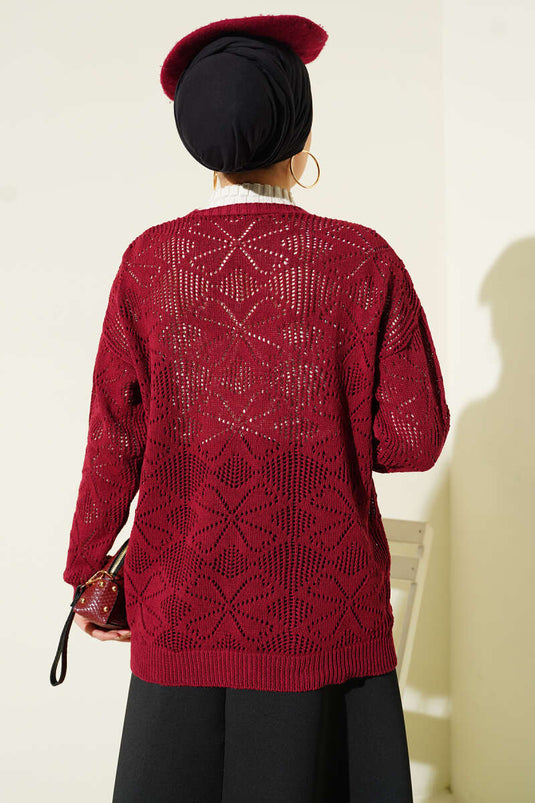 Çiçek Örgülü Düğmeli Triko Hırka Bordo