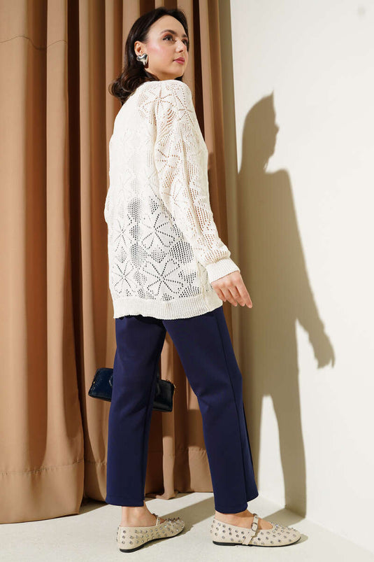 Flower Braided Buttoned Knitted Cardigan Ecru