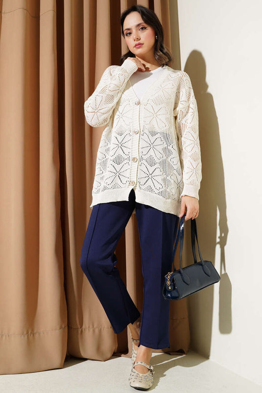 Flower Braided Buttoned Knitted Cardigan Ecru