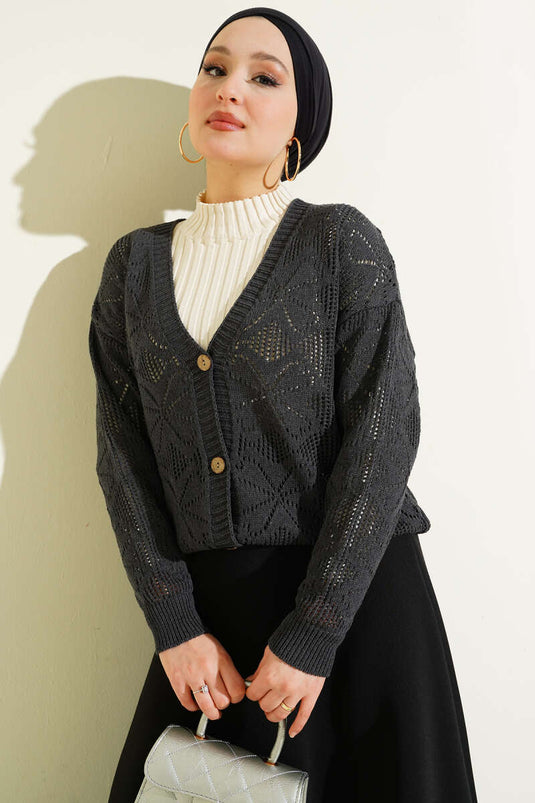 Cardigan di maglia con bottoni e trecce floreali, colore grigio fumo