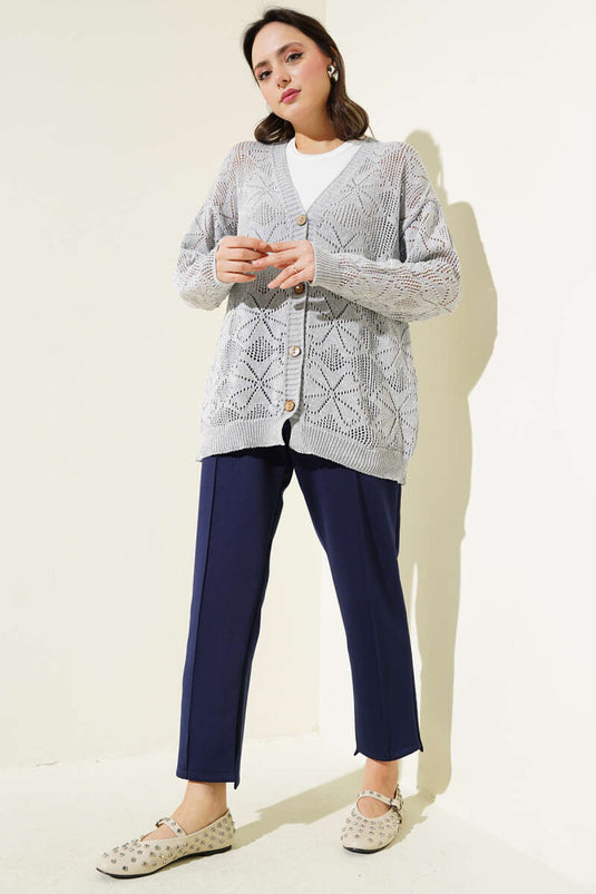 Flower Braided Buttoned Knit Cardigan Gray