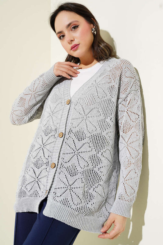 Flower Braided Buttoned Knit Cardigan Gray