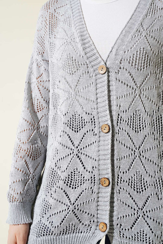 Flower Braided Buttoned Knit Cardigan Gray