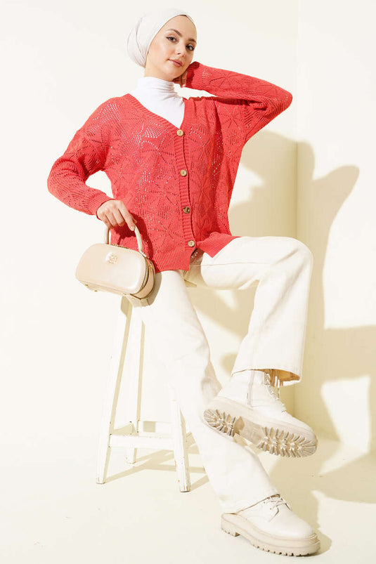 كارديغان محبوك بأزرار وتطريز زهور لون مرجاني