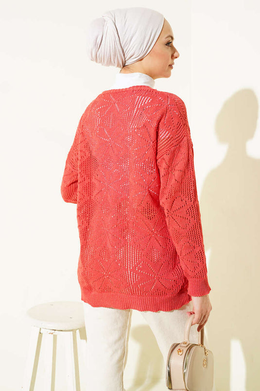 كارديغان محبوك بأزرار وتطريز زهور لون مرجاني