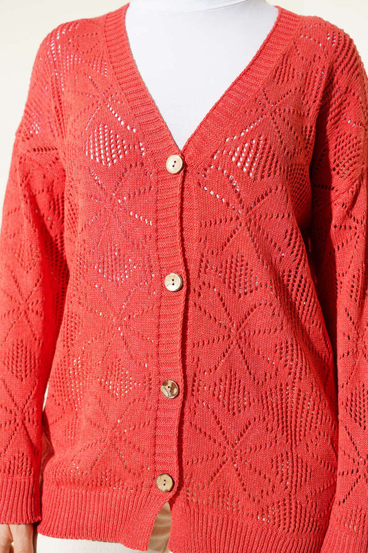 كارديغان محبوك بأزرار وتطريز زهور لون مرجاني