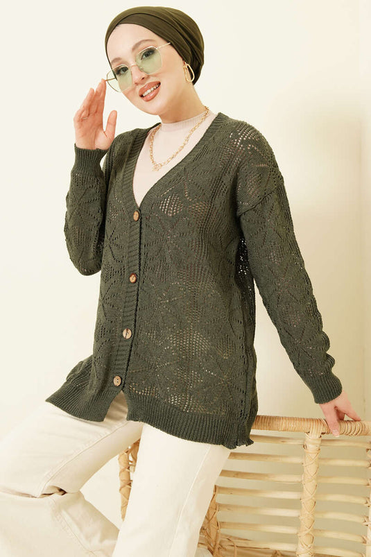Flower Braided Buttoned Knit Cardigan in Olive Green