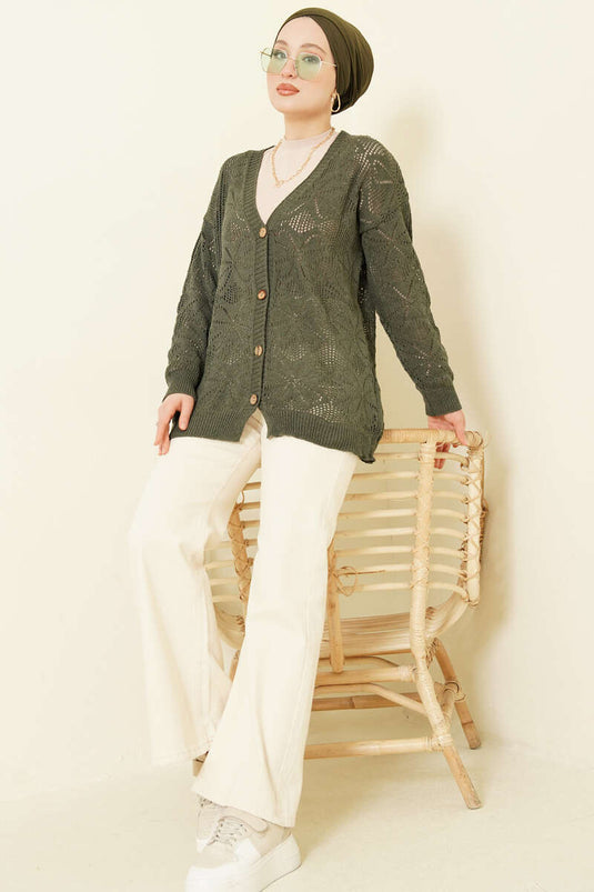كارديغان محبوك بأزرار وعقدة زهرية بلون أخضر زيتوني