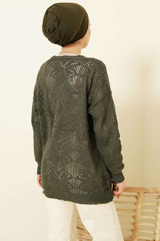 كارديغان محبوك بأزرار وعقدة زهرية بلون أخضر زيتوني