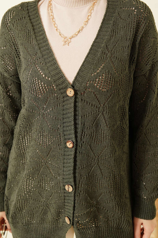 Flower Braided Buttoned Knit Cardigan in Olive Green