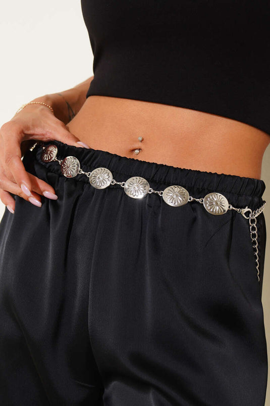Ceinture à maillons argentée avec motif floral