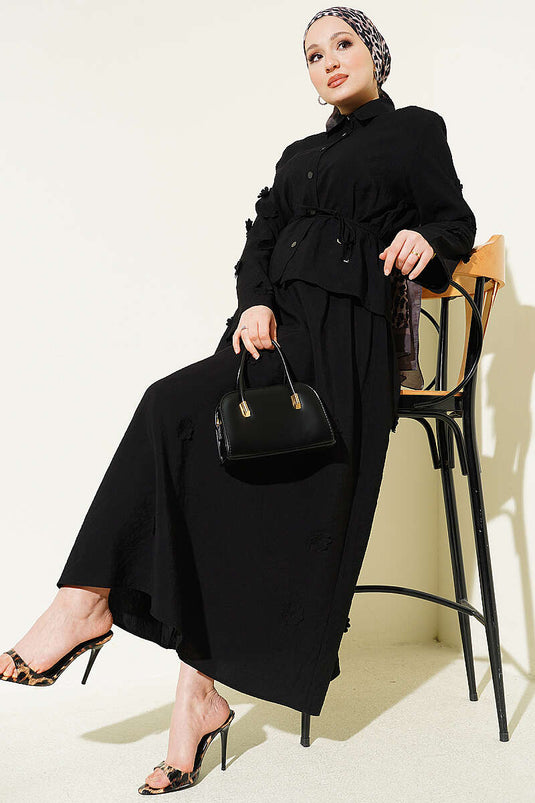 Two-Piece Set with Flower-Embellished Skirt Black