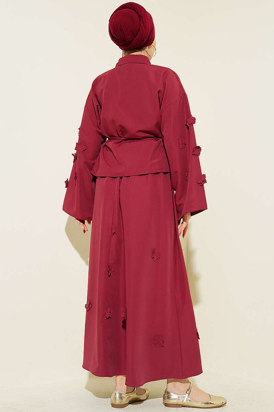 Burgundy Two-Piece Set with Flower-Embellished Drawstring Skirt