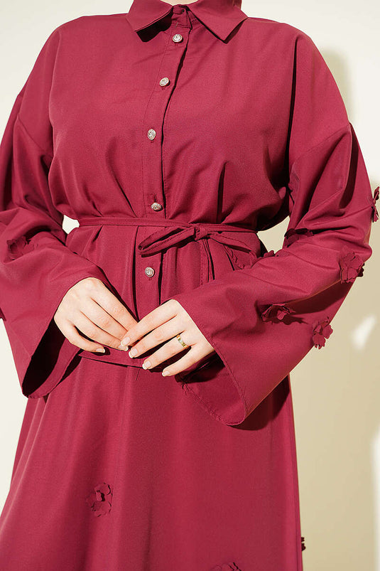 Burgundy Two-Piece Set with Flower-Embellished Drawstring Skirt