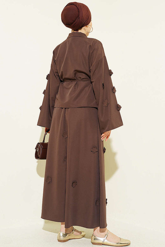 Two-Piece Set with Flower Embellished Drawstring Skirt, Brown