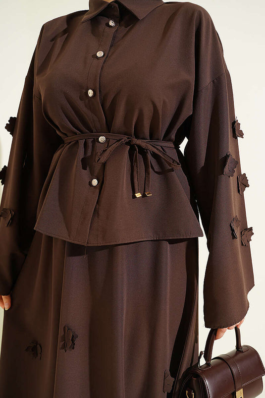 Two-Piece Set with Flower Embellished Drawstring Skirt, Brown