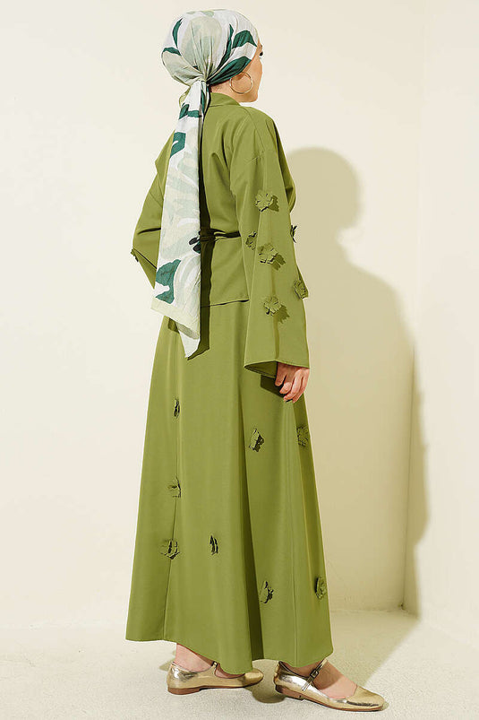 Green Two-Piece Set with Flower Embellished Drawstring Skirt