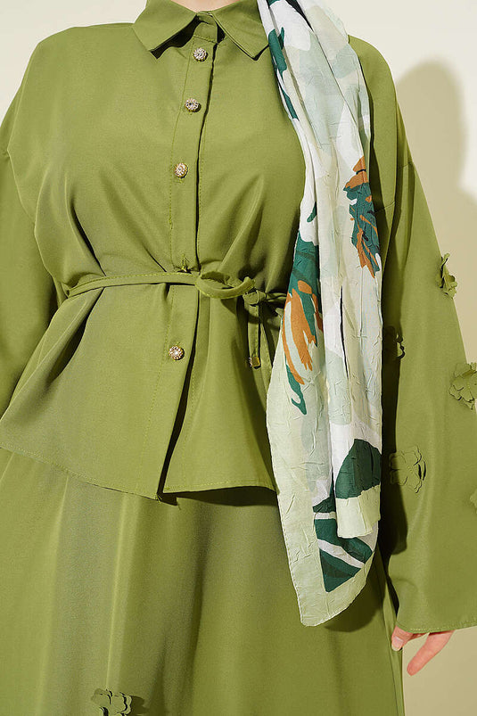 Green Two-Piece Set with Flower Embellished Drawstring Skirt