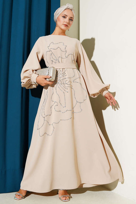 Flower and Stone Embellished Evening Dress Beige