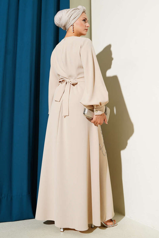 Flower and Stone Embellished Evening Dress Beige