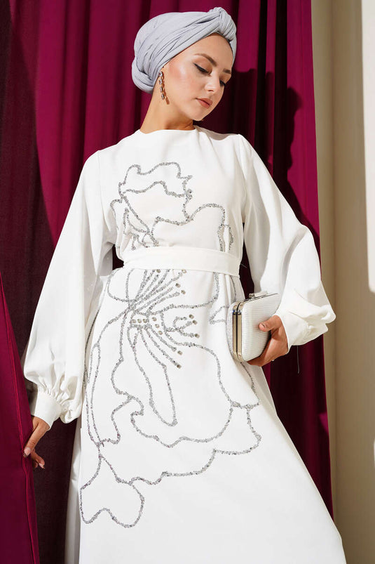 Flower and Stone Embellished Evening Dress White