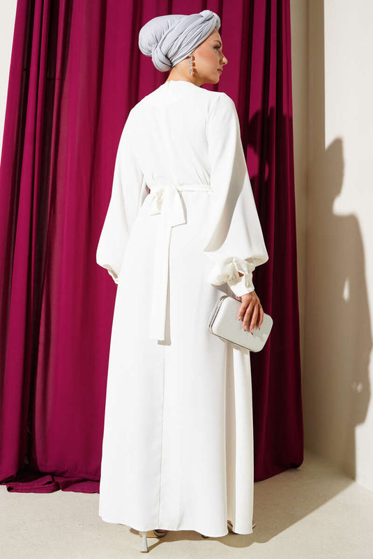 Flower and Stone Embellished Evening Dress White