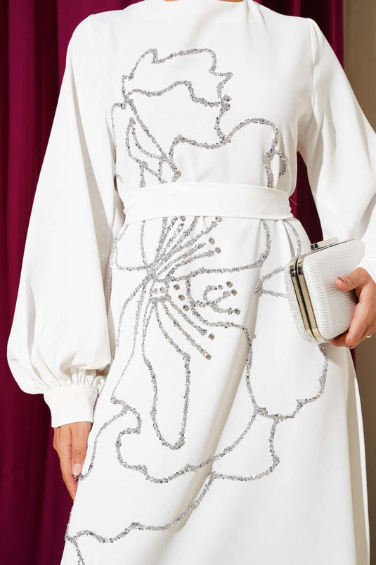 Flower and Stone Embellished Evening Dress White