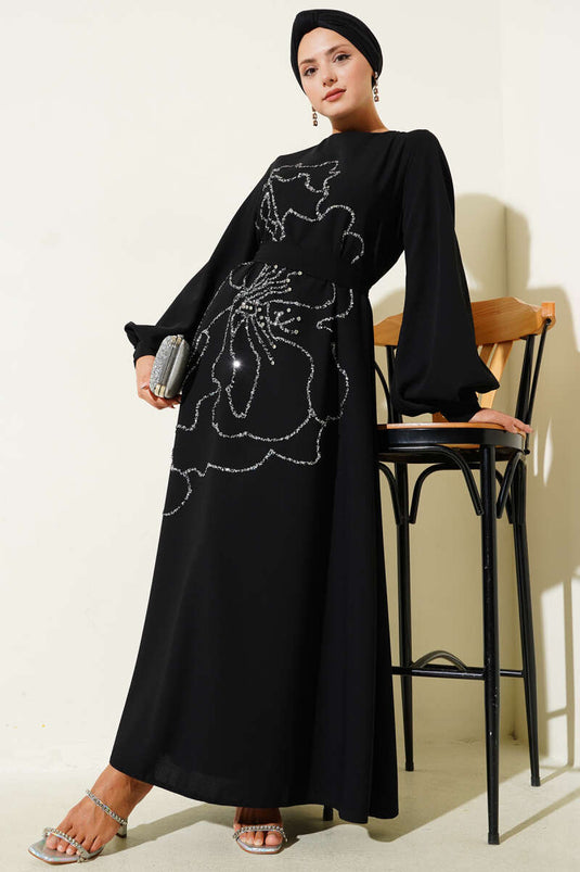Flower and Stone Embellished Evening Dress Black