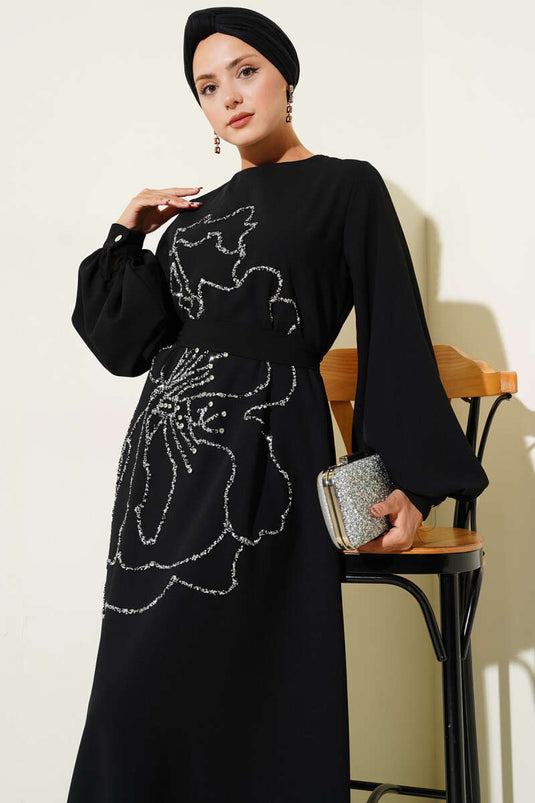 Flower and Stone Embellished Evening Dress Black