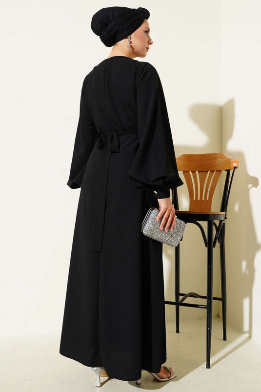 Flower and Stone Embellished Evening Dress Black