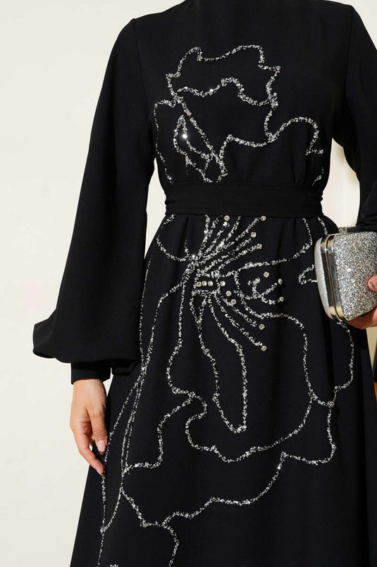 Flower and Stone Embellished Evening Dress Black
