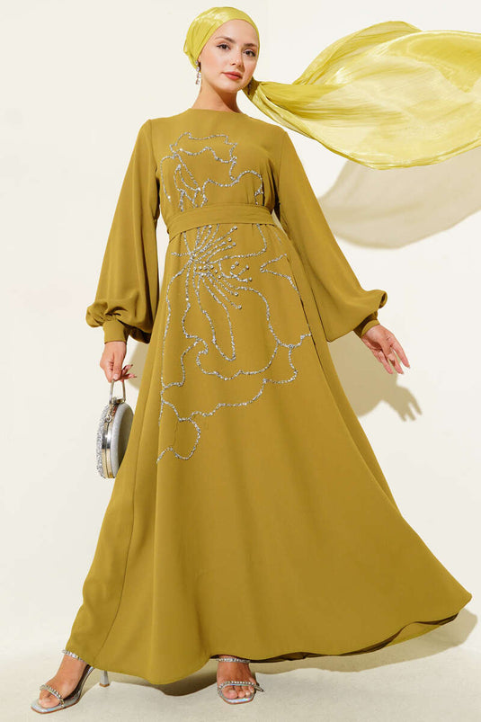 Flower and Stone Embellished Evening Dress Oil Green