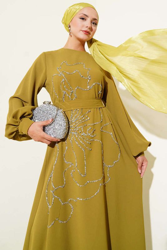 Flower and Stone Embellished Evening Dress Oil Green