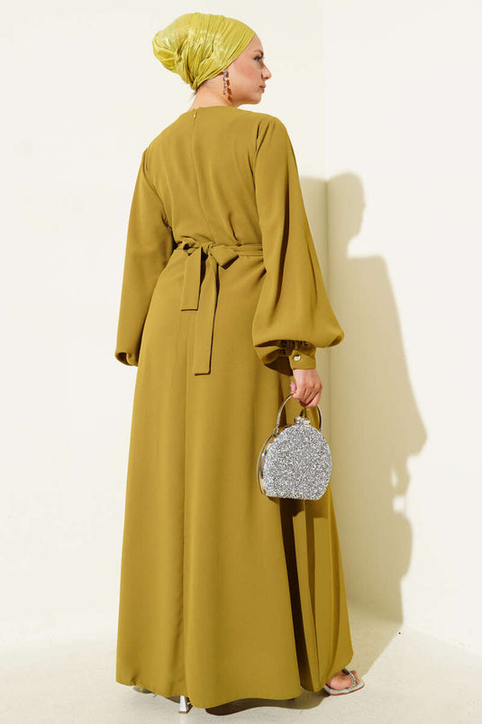 Flower and Stone Embellished Evening Dress Oil Green