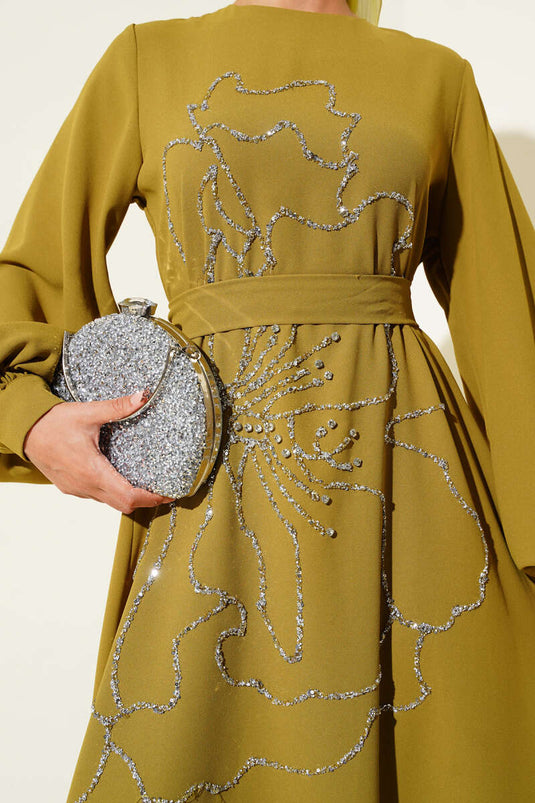 Flower and Stone Embellished Evening Dress Oil Green