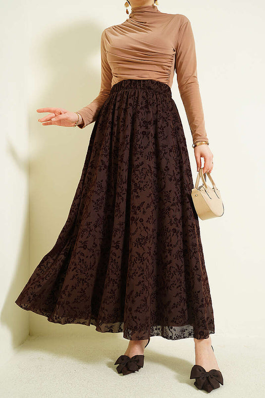 Jupe évasée en tulle à fleurs marron