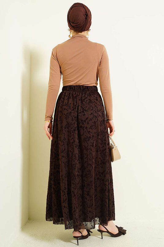 Jupe évasée en tulle à fleurs marron