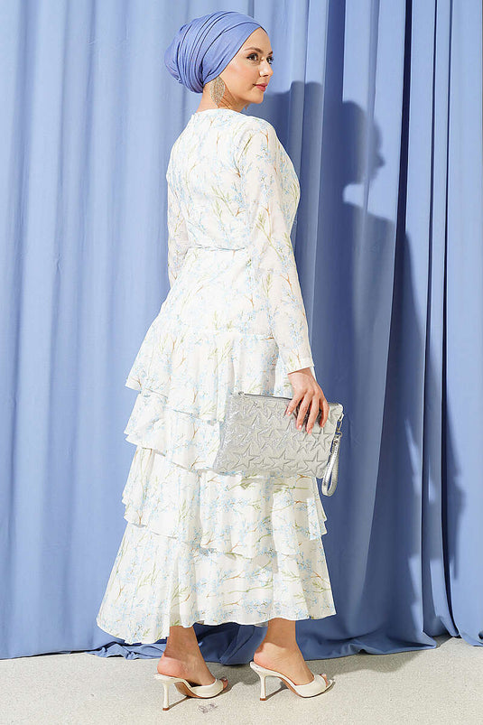 Blaues asymmetrisches Stufenkleid mit Blumenmuster