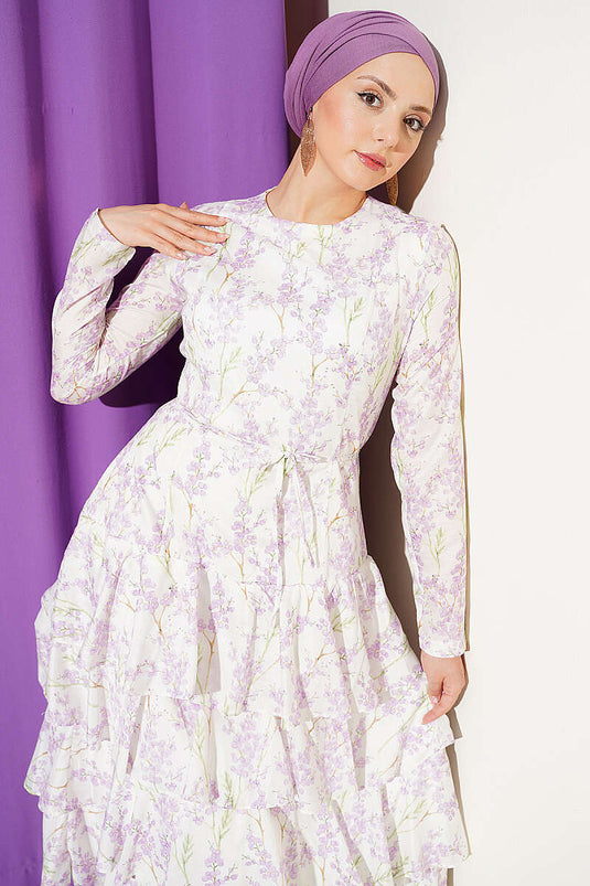 Asymmetrisches mehrlagiges Kleid mit Blumenmuster in Lila