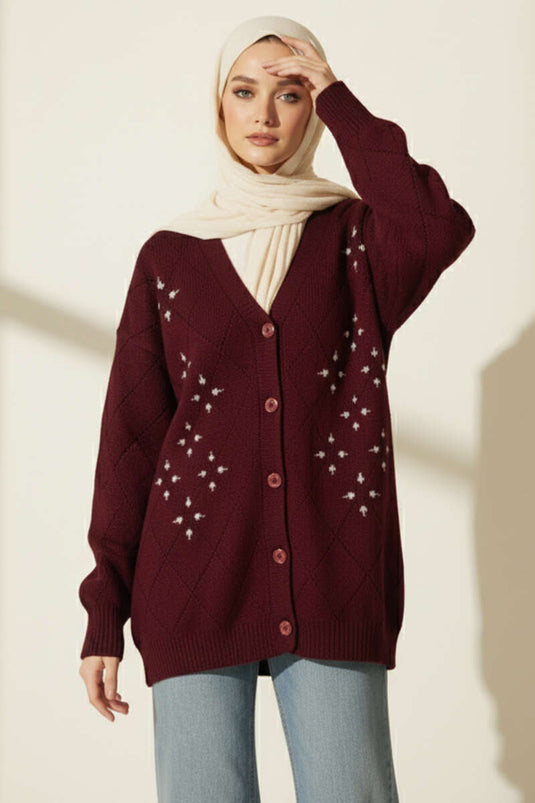 Floral Baklava Pattern Knitted Cardigan, Burgundy