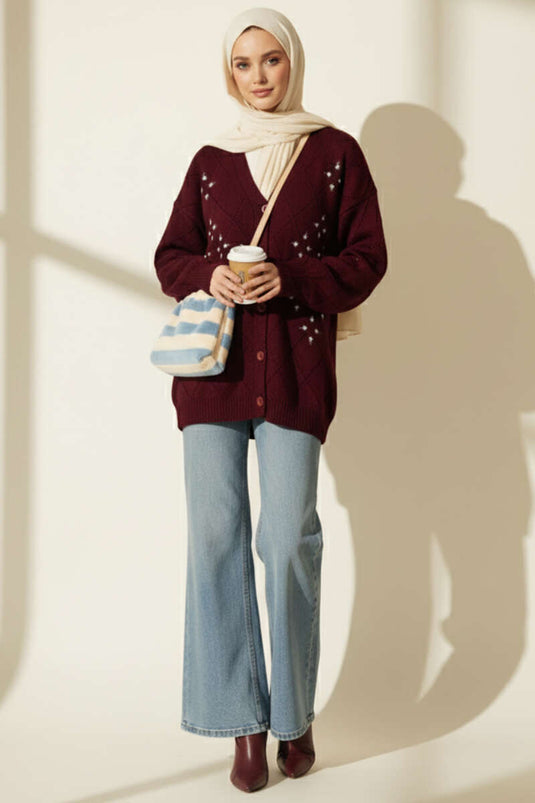 Strickjacke mit floralem Baklava-Muster, Burgunderrot