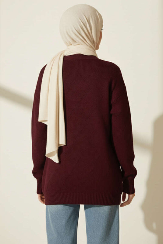 Strickjacke mit floralem Baklava-Muster, Burgunderrot