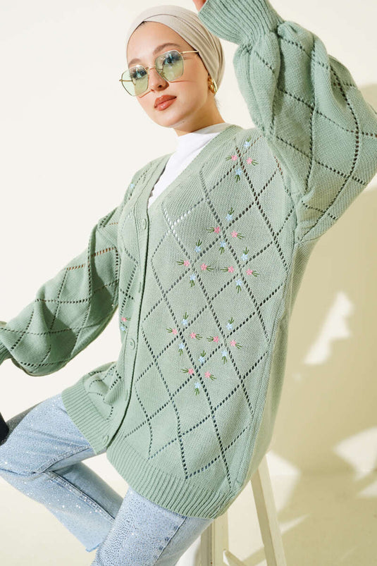 Floral Baklava Pattern Knitted Cardigan, Light Green