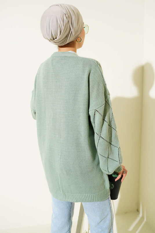 Strickjacke mit floralem Baklava-Muster, Hellgrün