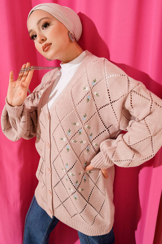 كارديجان محبوك بنقشة البقلاوة الزهرية، لون وردي فاتح