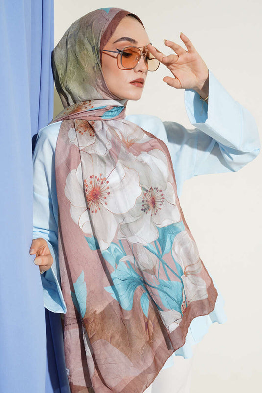 Çiçekli Bambu Kraş Şal Kahve