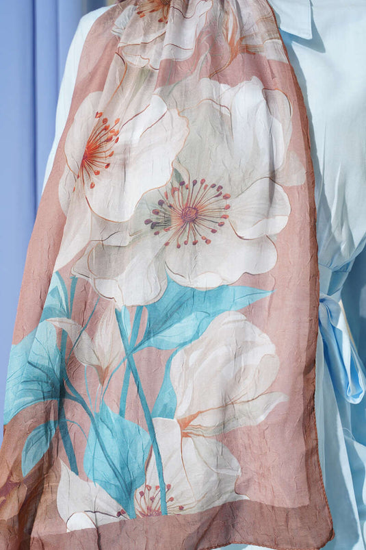 Çiçekli Bambu Kraş Şal Kahve