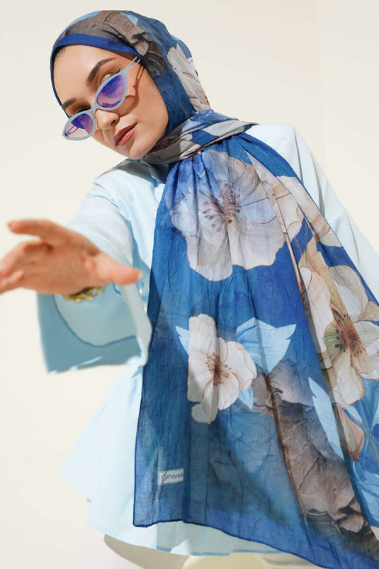 Scialle floreale in bambù blu navy