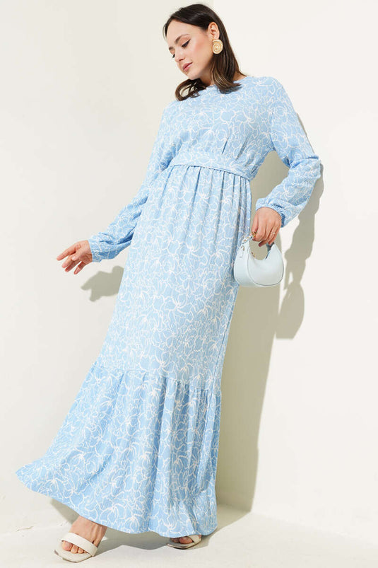 Abito in crêpe con elastico in vita floreale blu